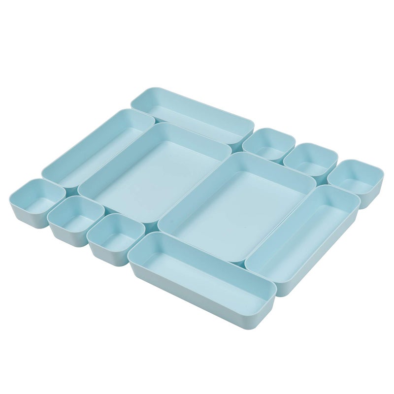 Backerysupply Set Of 12 Blue Color Plastic Desk Drawer Organizers For Makeup Bathroom Office Kitchen Vanity Drawer Storage Box Container - Image 1